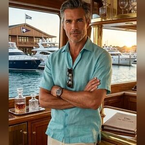 Island Importer Men's Linen‎ Aqua Short Sleeve Button Down Shirt Large Beachy
